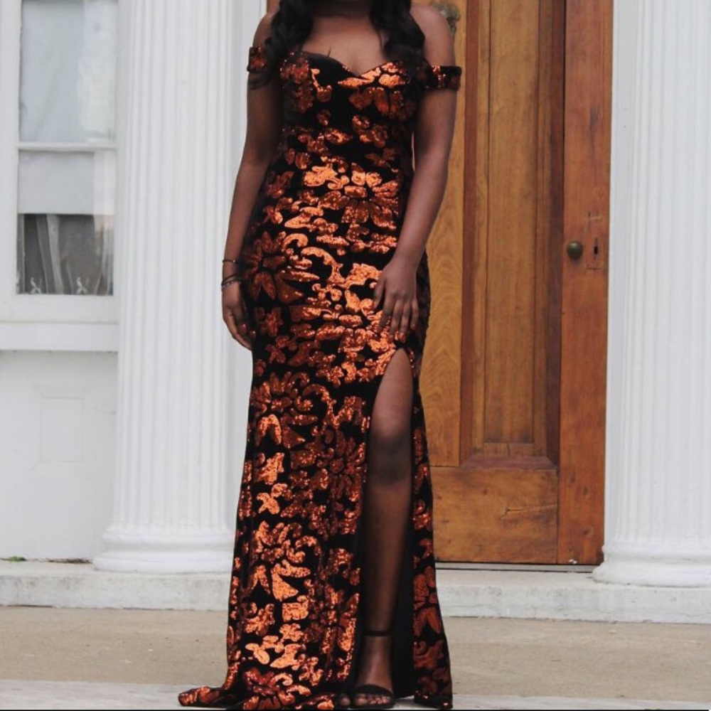 Gold & Burnt orange sequin prom dress